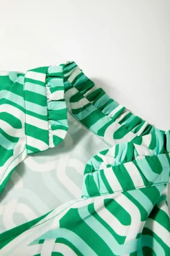 Fashion Dear-Lover Abstract Patterned V Neck Puff Short Sleeve Mini Dress Bright Green