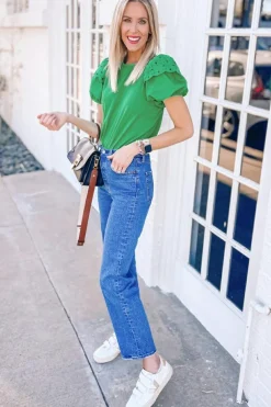Discount Dear-Lover Anglaise Embroidered Puff Short Sleeve Top Bright Green