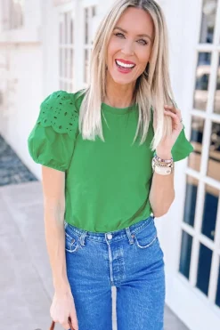 Discount Dear-Lover Anglaise Embroidered Puff Short Sleeve Top Bright Green