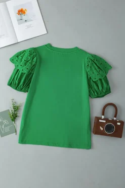 Discount Dear-Lover Anglaise Embroidered Puff Short Sleeve Top Bright Green