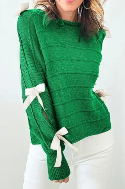 Hot Dear-Lover Bow Knot Cut Out Round Neck Loose Sweater Bright Green
