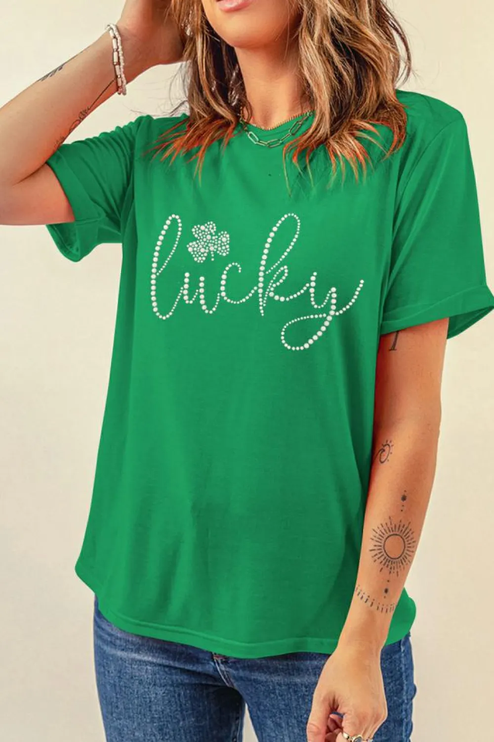 Clearance Dear-Lover Ceramic Rhinestone Lucky Clover Graphic Tee Bright Green