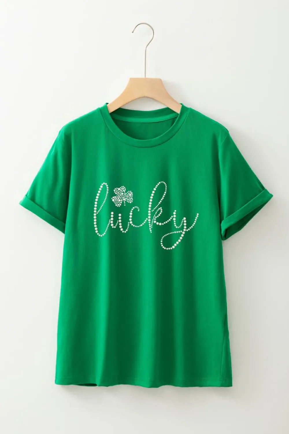 Clearance Dear-Lover Ceramic Rhinestone Lucky Clover Graphic Tee Bright Green
