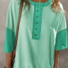 Outlet Dear-Lover Contrast Color Patchwork Half Button T Shirt Bright Green