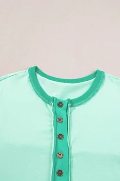 Outlet Dear-Lover Contrast Color Patchwork Half Button T Shirt Bright Green