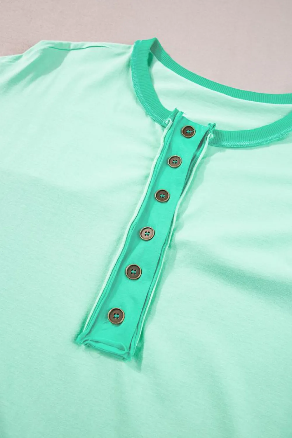 Outlet Dear-Lover Contrast Color Patchwork Half Button T Shirt Bright Green