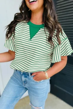 Outlet Dear-Lover Contrast Detail Striped Ruffle Short Sleeve Top Bright Green