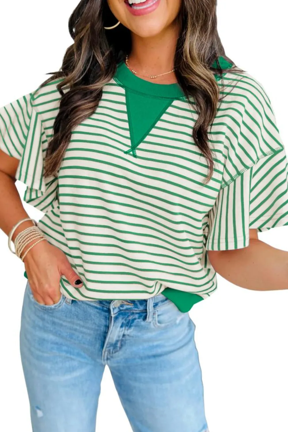 Outlet Dear-Lover Contrast Detail Striped Ruffle Short Sleeve Top Bright Green