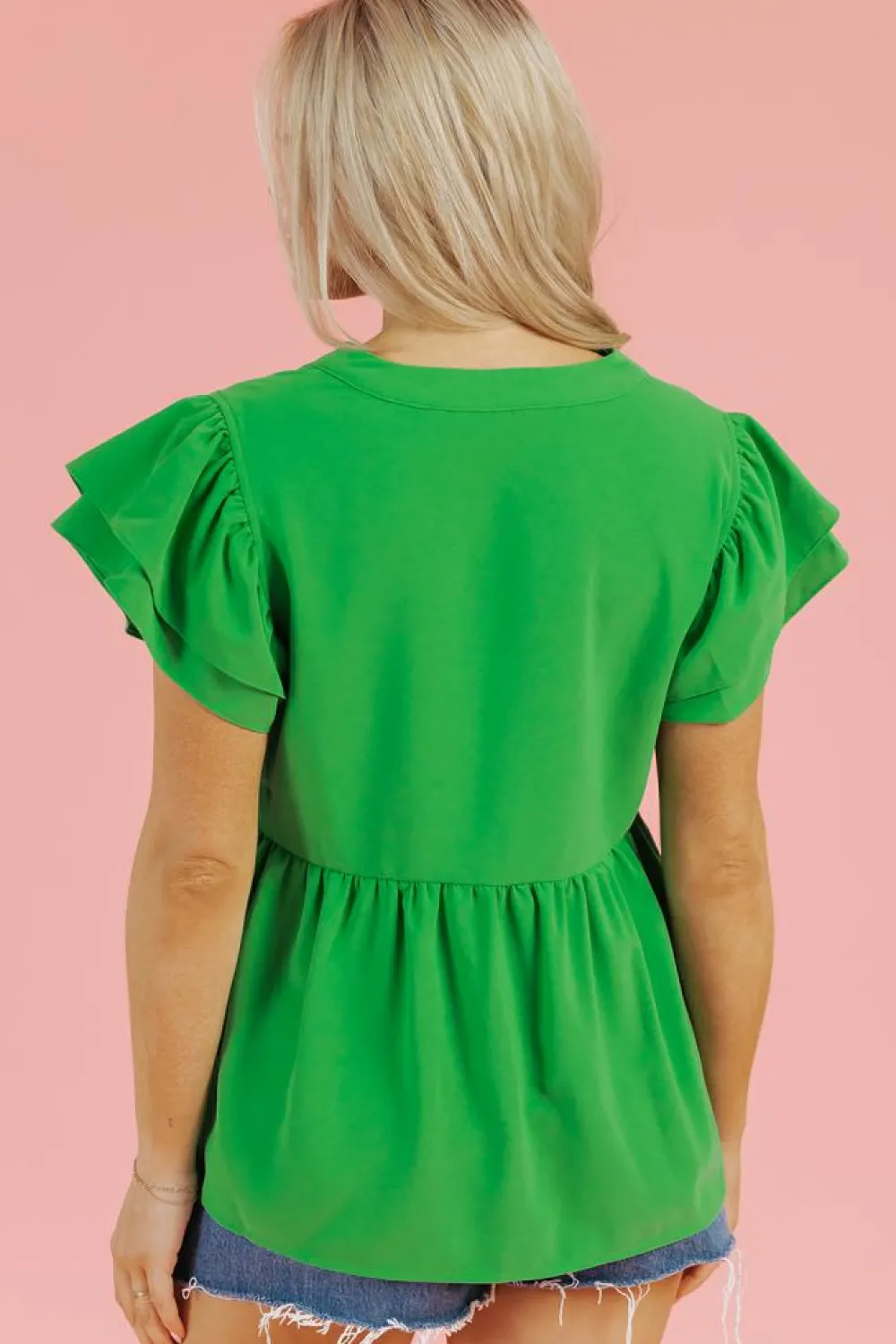 Fashion Dear-Lover Double Ruffle Sleeve Split V Neck Peplum Blouse Bright Green