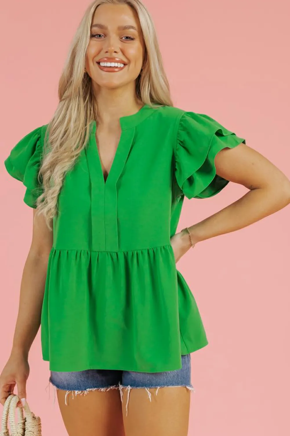 Fashion Dear-Lover Double Ruffle Sleeve Split V Neck Peplum Blouse Bright Green