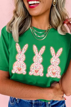 Discount Dear-Lover Easter Floral Rabbit Print Crew Neck T Shirt Bright Green