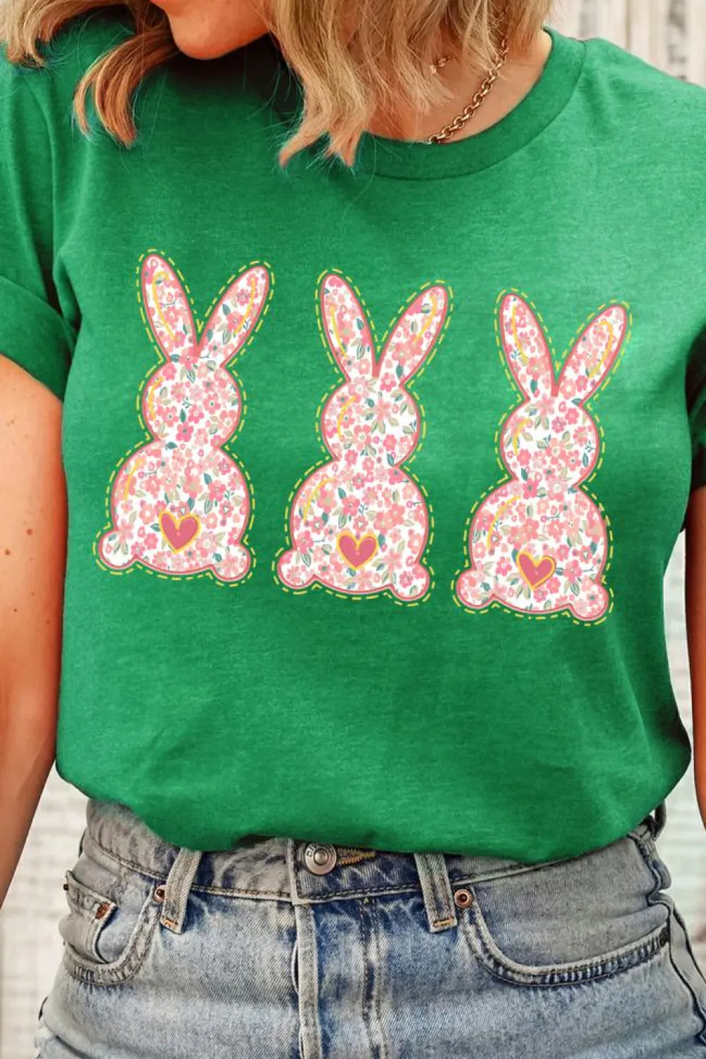 Discount Dear-Lover Easter Floral Rabbit Print Crew Neck T Shirt Bright Green
