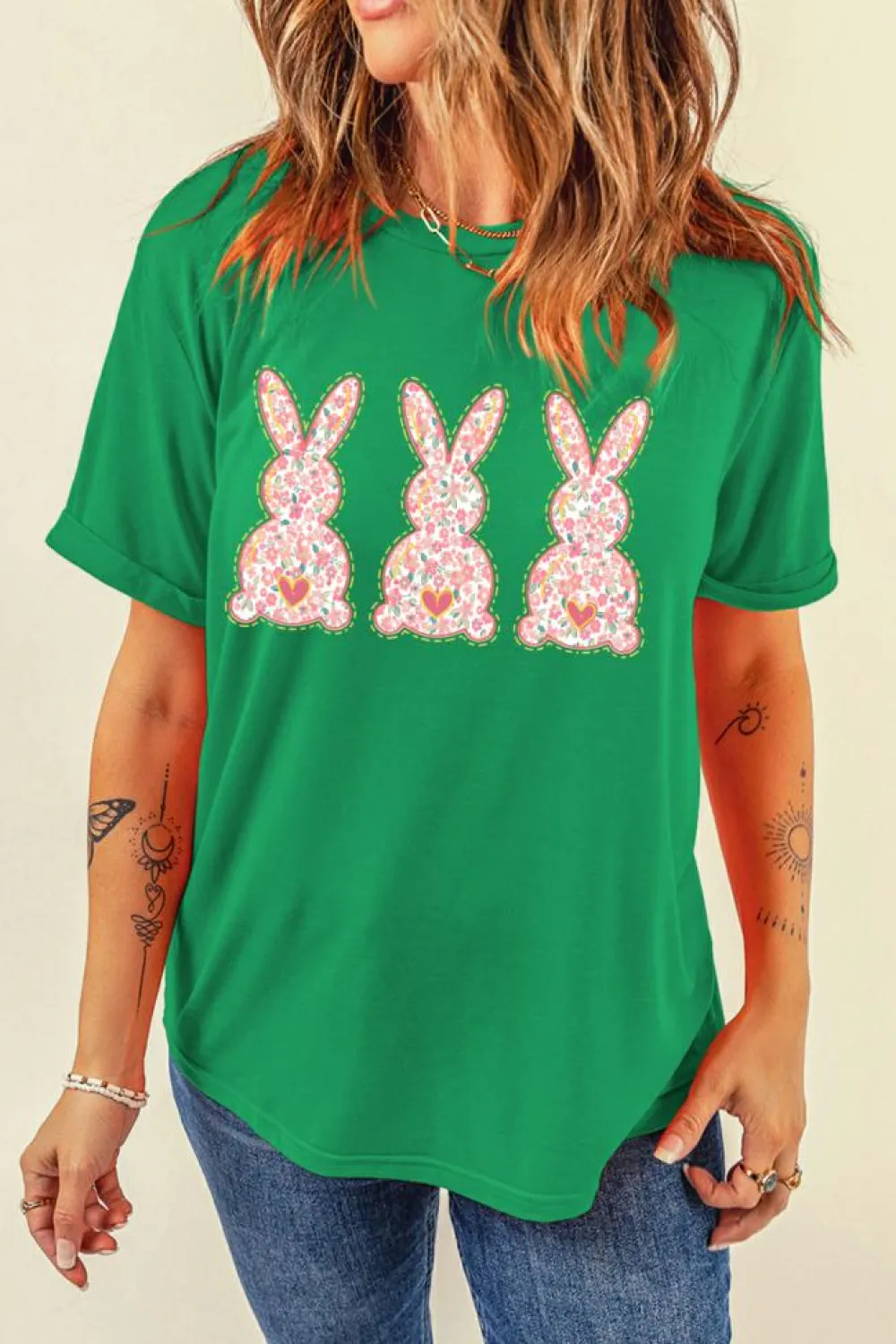Discount Dear-Lover Easter Floral Rabbit Print Crew Neck T Shirt Bright Green