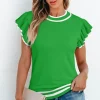 Clearance Dear-Lover Edge Piping Ruffled Sleeve Round Neck Knit T Shirt Bright Green