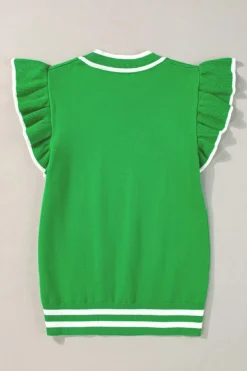 Clearance Dear-Lover Edge Piping Ruffled Sleeve Round Neck Knit T Shirt Bright Green