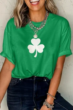 Sale Dear-Lover Embroidered Clover Pattern St Patrick Tee Bright Green