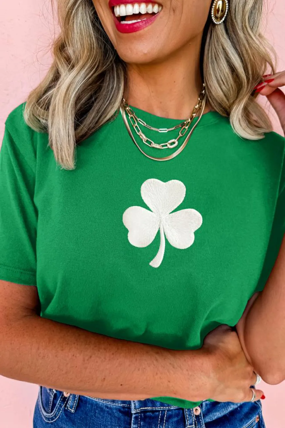 Sale Dear-Lover Embroidered Clover Pattern St Patrick Tee Bright Green