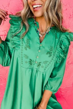 Outlet Dear-Lover Embroidered Ruffled Trim 3/4 Sleeve V Neck Mini Dress Bright Green