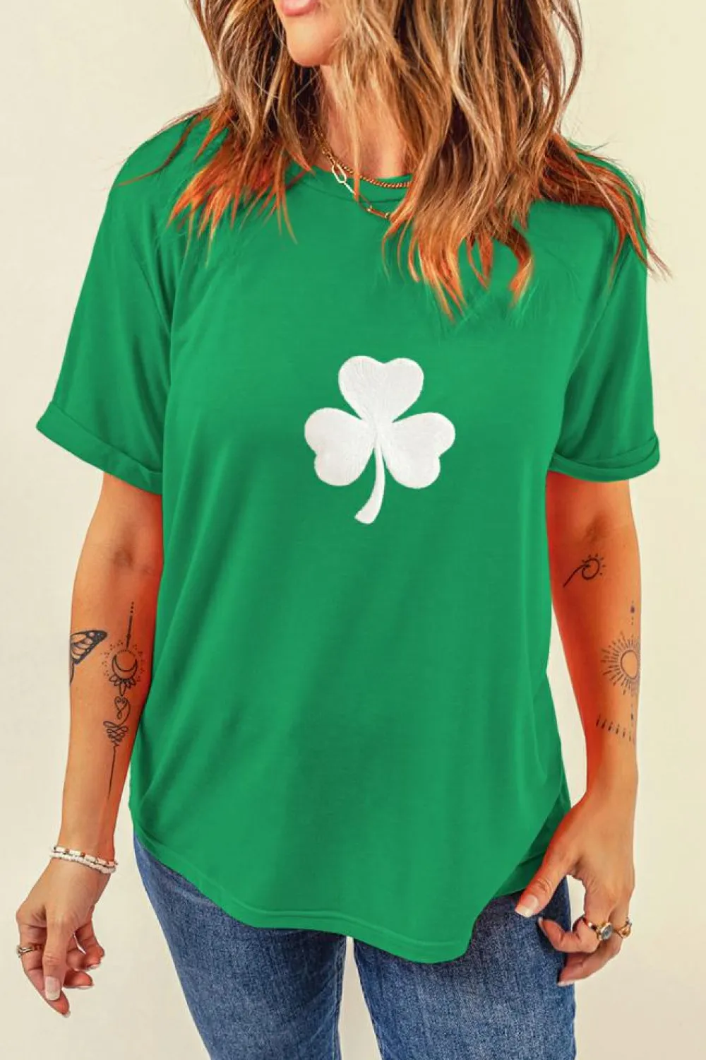 Sale Dear-Lover Embroidered Clover Pattern St Patrick Tee Bright Green