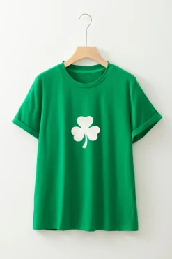Sale Dear-Lover Embroidered Clover Pattern St Patrick Tee Bright Green