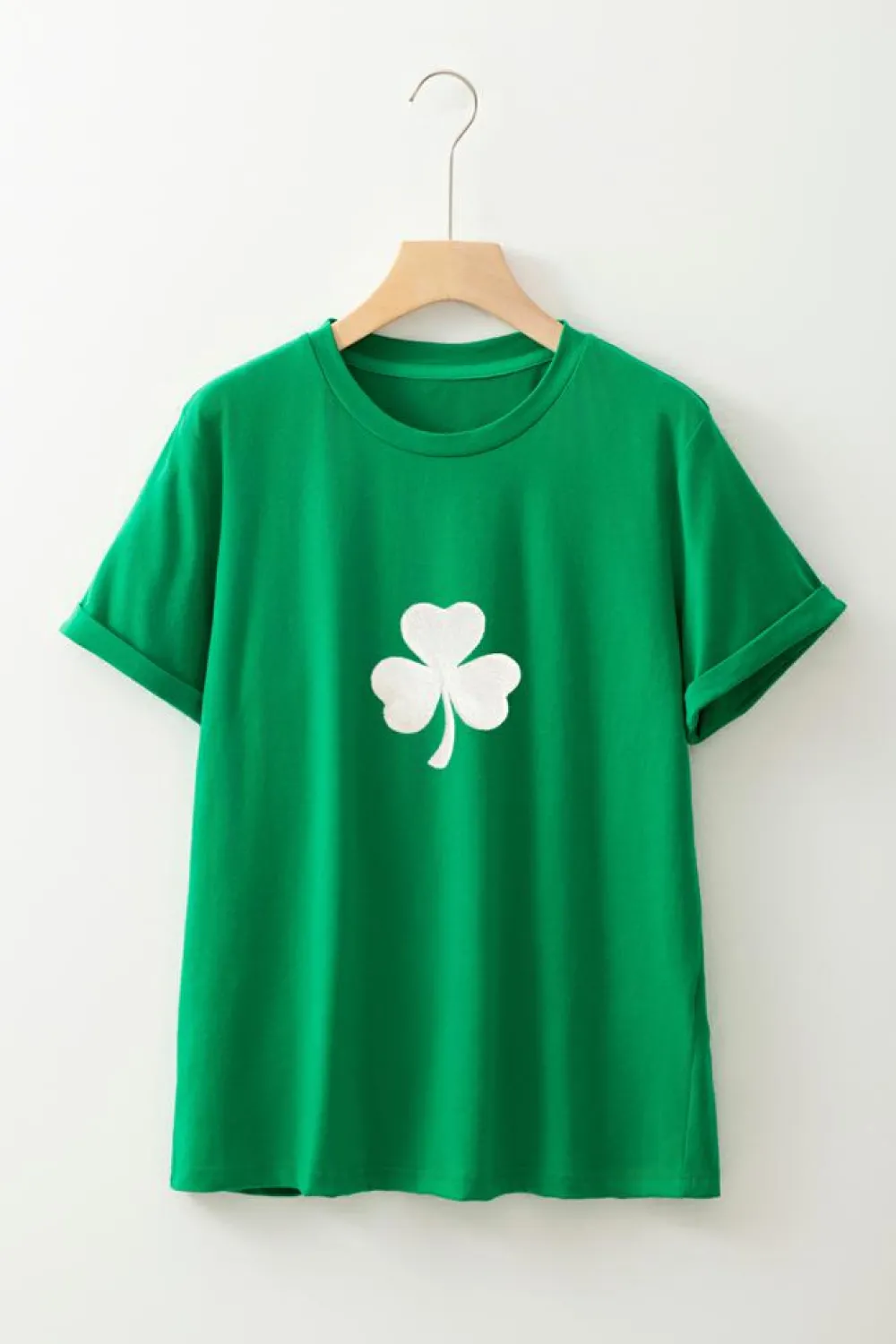 Sale Dear-Lover Embroidered Clover Pattern St Patrick Tee Bright Green