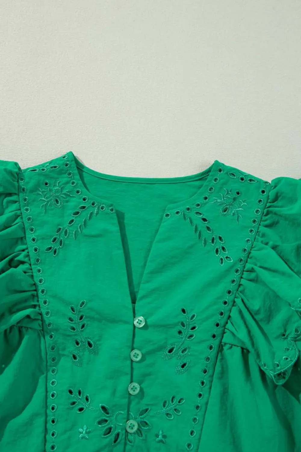 Outlet Dear-Lover Embroidered Ruffled Trim 3/4 Sleeve V Neck Mini Dress Bright Green