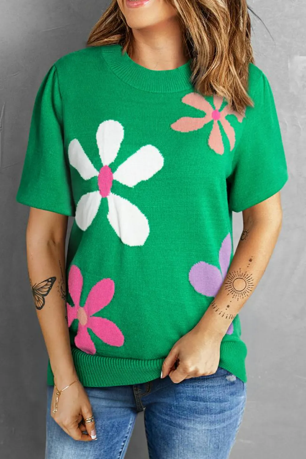 Best Dear-Lover Floral Bubble Short Sleeve Sweater Bright Green