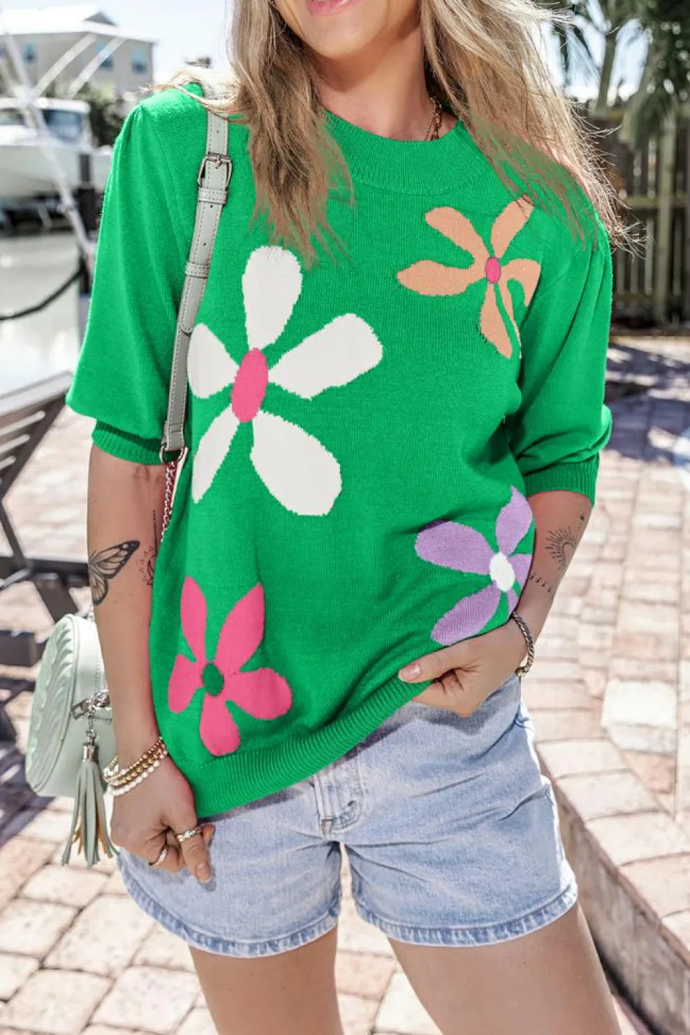 Best Dear-Lover Floral Bubble Short Sleeve Sweater Bright Green
