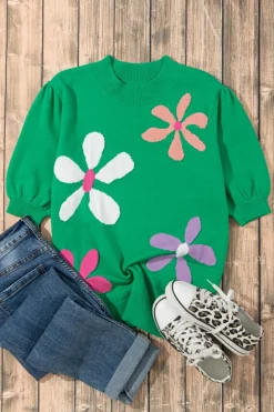 Best Dear-Lover Floral Bubble Short Sleeve Sweater Bright Green
