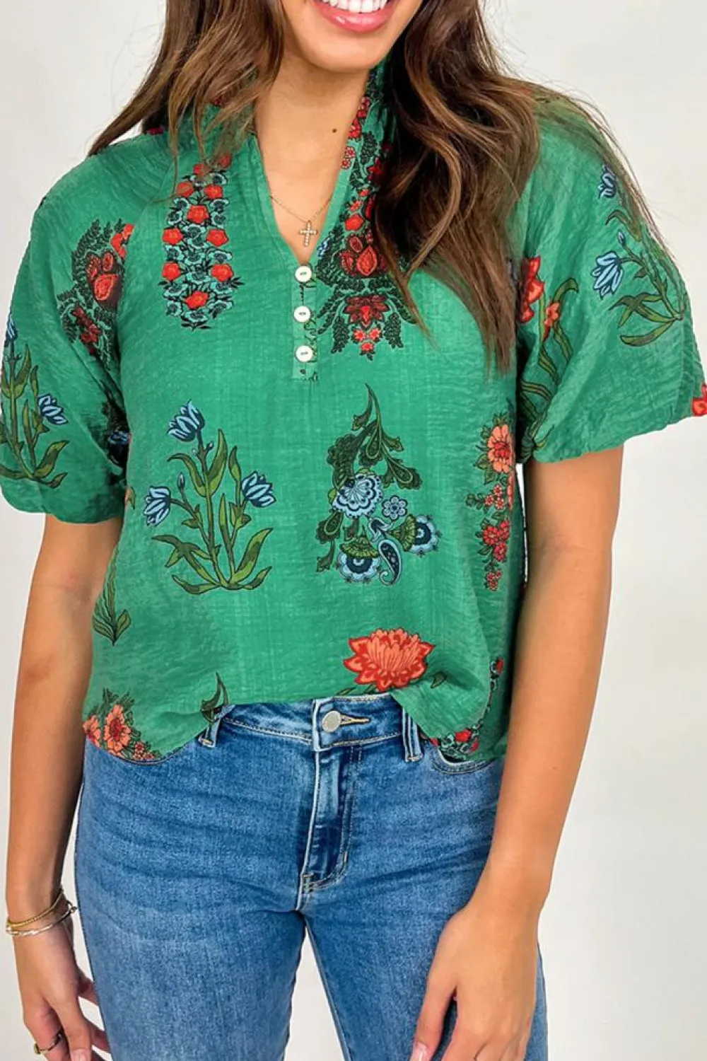 Fashion Dear-Lover Floral Print Buttoned V Neck Short Sleeve Blouse Bright Green