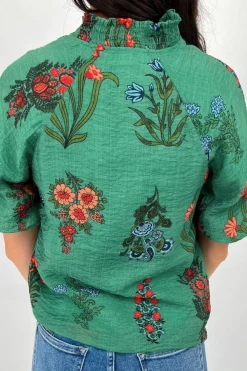 Fashion Dear-Lover Floral Print Buttoned V Neck Short Sleeve Blouse Bright Green
