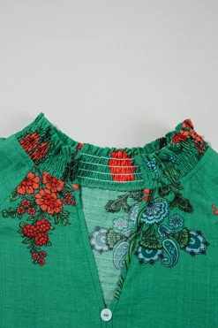 Fashion Dear-Lover Floral Print Buttoned V Neck Short Sleeve Blouse Bright Green
