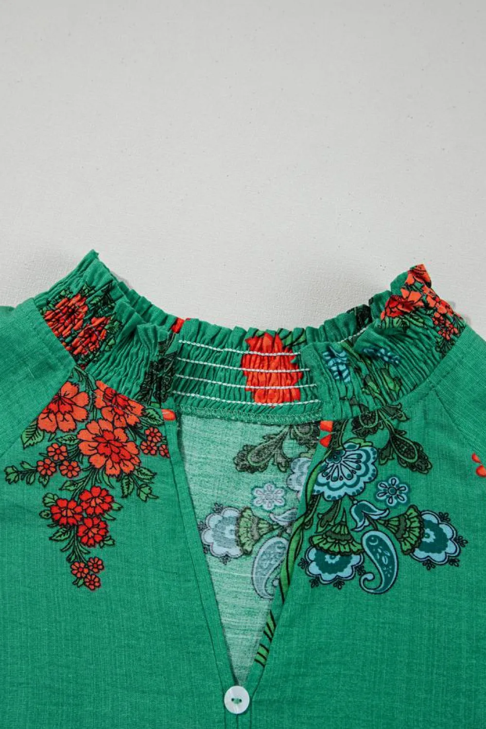 Fashion Dear-Lover Floral Print Buttoned V Neck Short Sleeve Blouse Bright Green