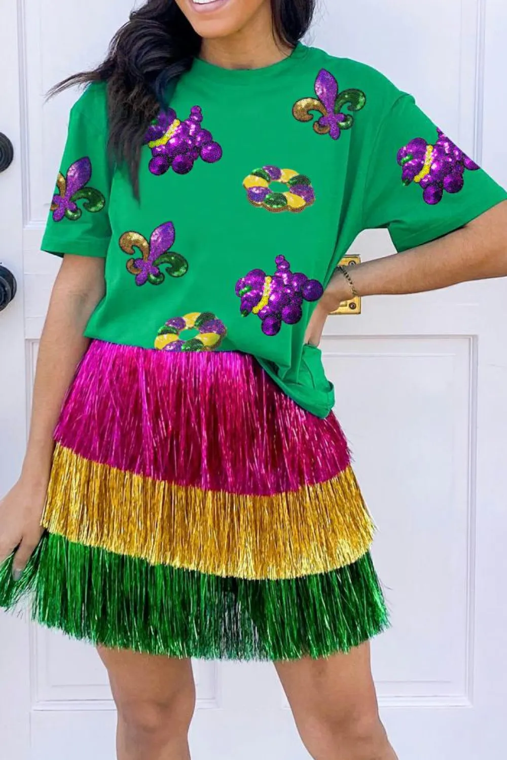 Online Dear-Lover Mardi Gras Sequin Patched Graphic Tee Bright Green
