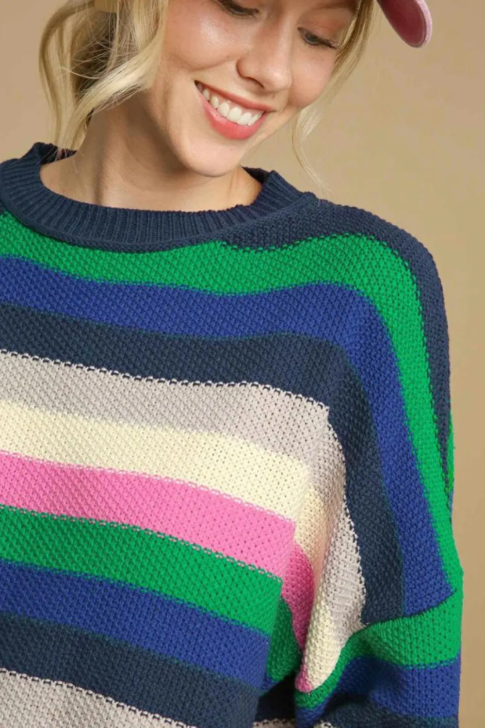 Hot Dear-Lover Rainbow Striped Crew Neck Drop Shoulder Sweater Bright Green