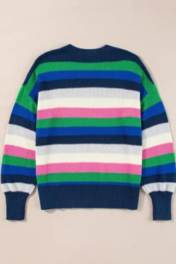 Hot Dear-Lover Rainbow Striped Crew Neck Drop Shoulder Sweater Bright Green