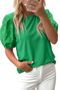 Hot Dear-Lover Ribbed Pearl Beaded Puff Sleeve Top Bright Green
