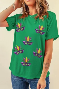 Discount Dear-Lover Sequin Mardi Gras Mask Patched Pattern Crewneck Tee Bright Green