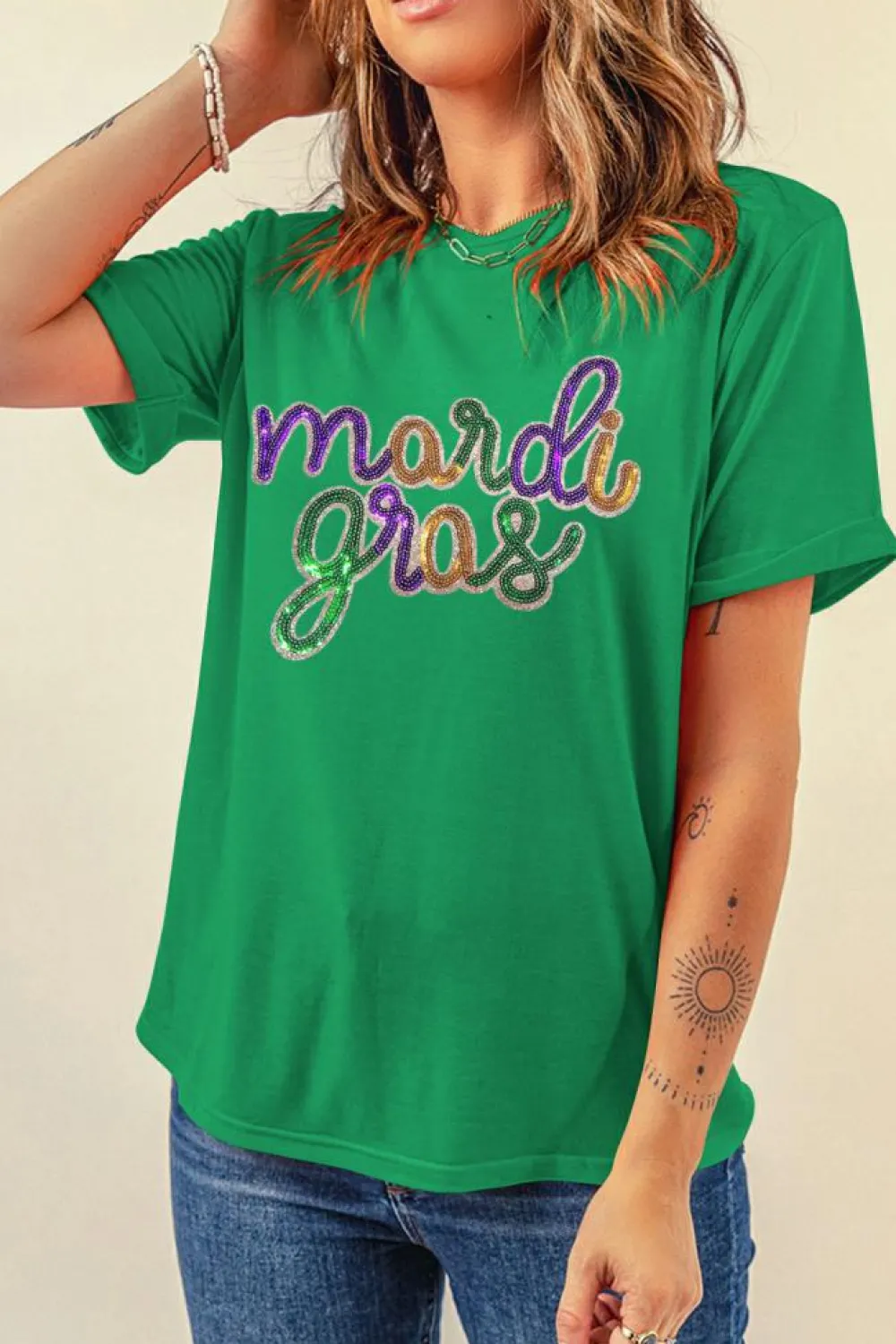 Discount Dear-Lover Sequin mardi gras Graphic T Shirt Bright Green