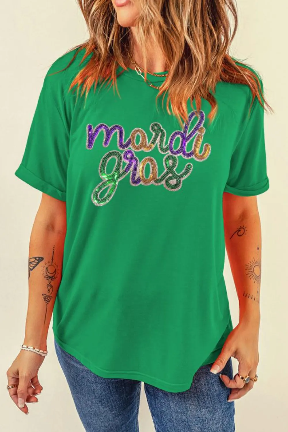 Discount Dear-Lover Sequin mardi gras Graphic T Shirt Bright Green