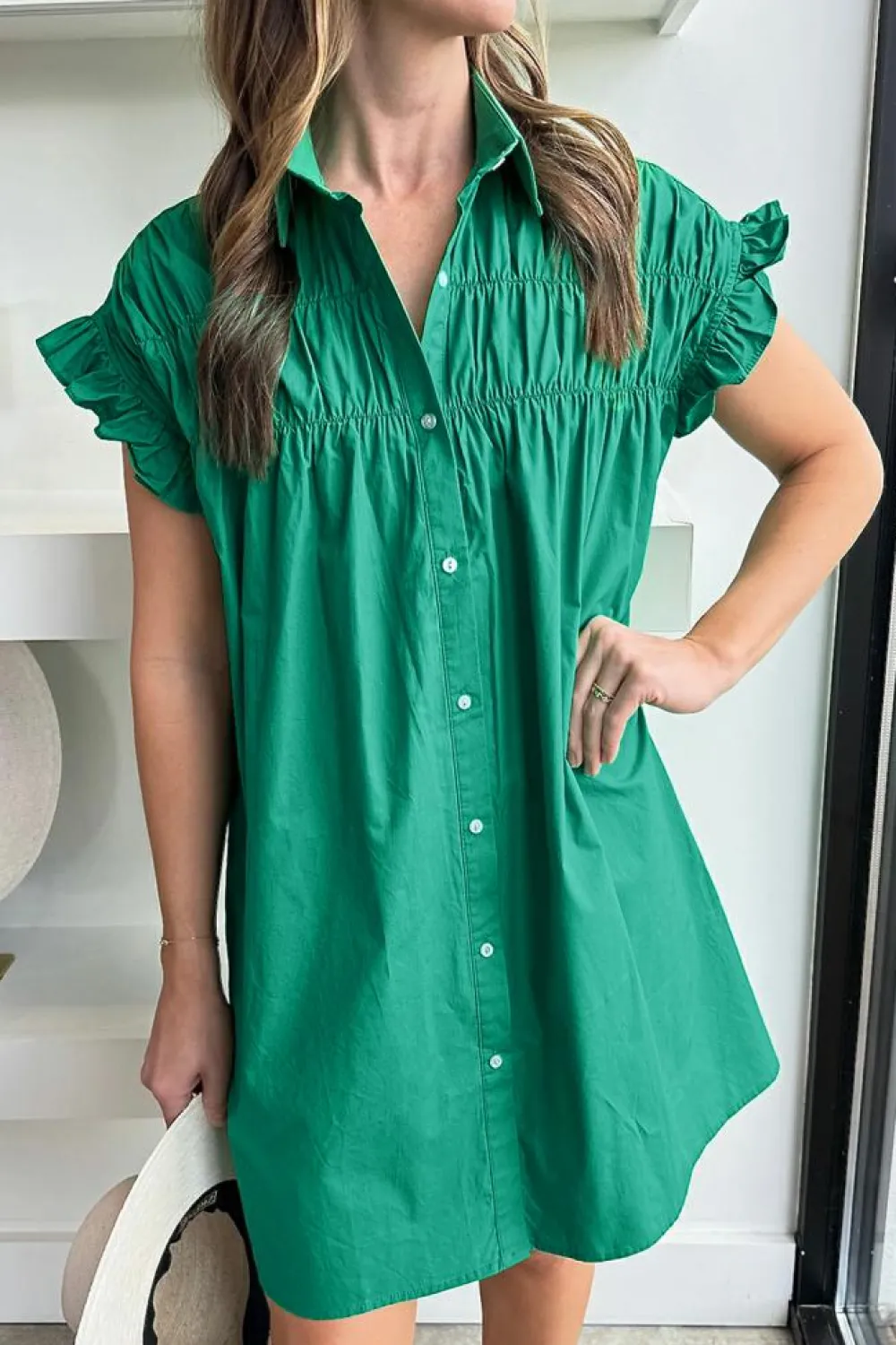 Clearance Dear-Lover Shirred Ruffle Sleeve Button Up Short Dress Bright Green