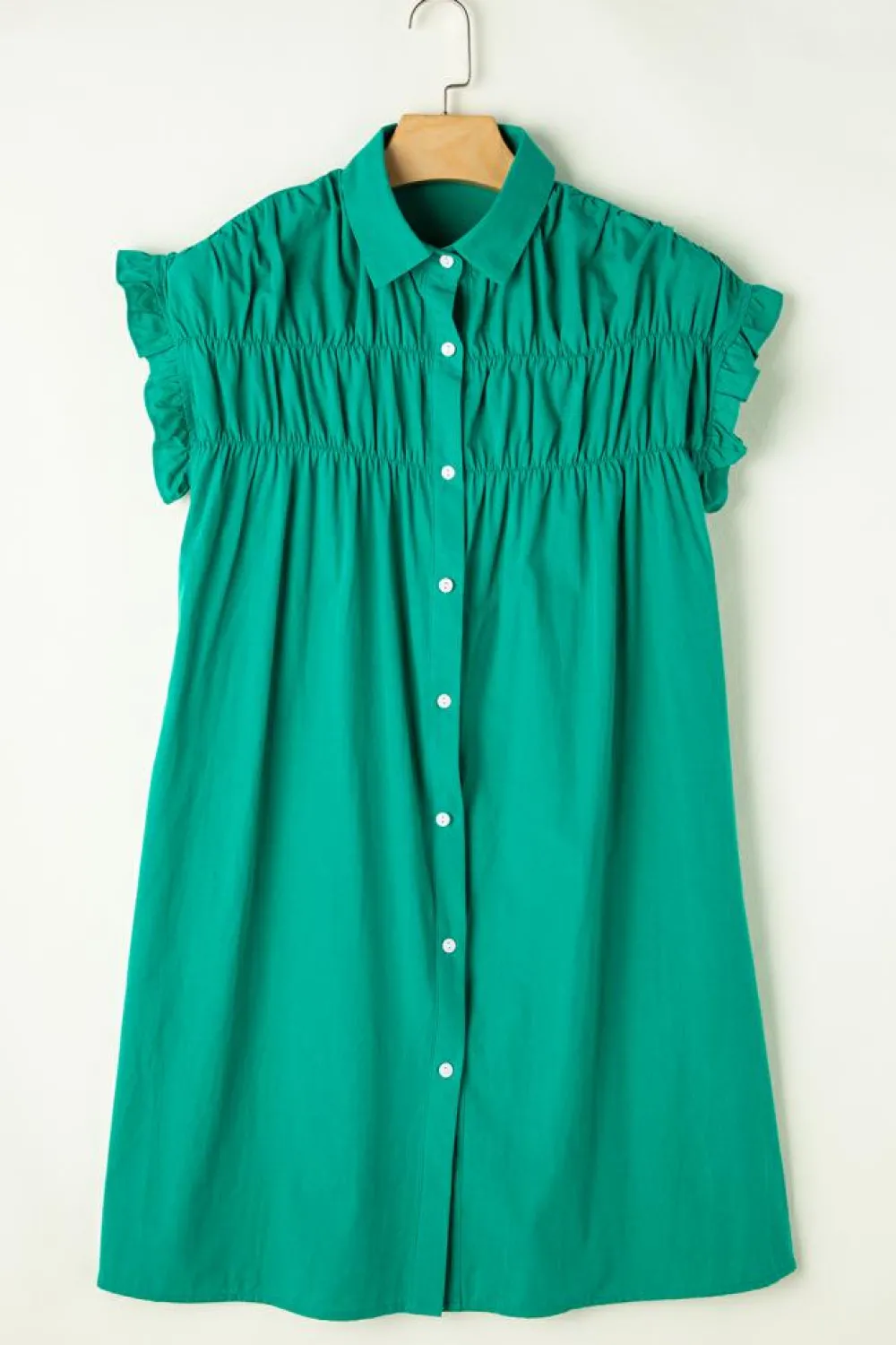 Clearance Dear-Lover Shirred Ruffle Sleeve Button Up Short Dress Bright Green