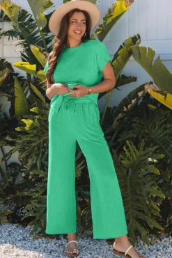 Fashion Dear-Lover Solid Corded Knit Short Sleeve T Shirt and Wide Leg Pants Set Bright Green