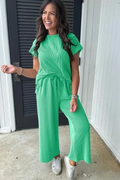 Fashion Dear-Lover Solid Corded Knit Short Sleeve T Shirt and Wide Leg Pants Set Bright Green