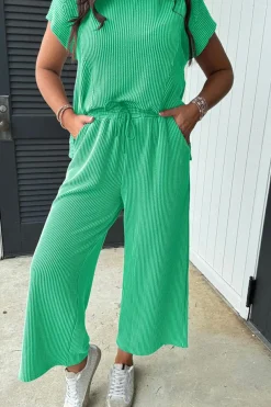 Fashion Dear-Lover Solid Corded Knit Short Sleeve T Shirt and Wide Leg Pants Set Bright Green