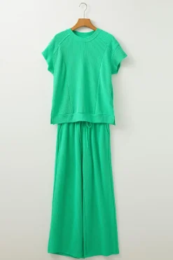 Fashion Dear-Lover Solid Corded Knit Short Sleeve T Shirt and Wide Leg Pants Set Bright Green