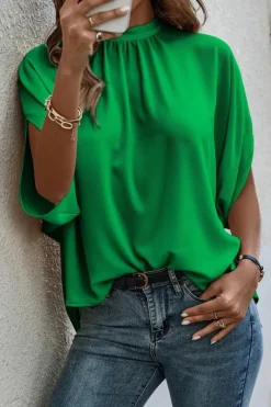 New Dear-Lover Solid Mock Neck Split Batwing Sleeve Blouse Bright Green