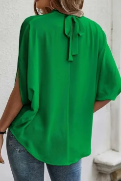 New Dear-Lover Solid Mock Neck Split Batwing Sleeve Blouse Bright Green