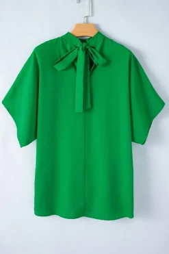 New Dear-Lover Solid Mock Neck Split Batwing Sleeve Blouse Bright Green