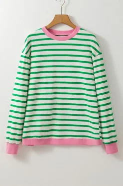 Online Dear-Lover Striped Contrast Edge Long Sleeve Top Bright Green